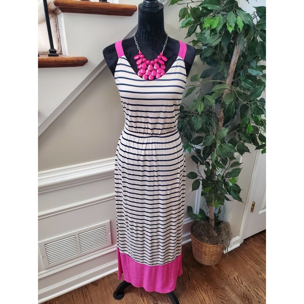 Red Camel Women's White Striped Rayon Scoop Neck Sleeveless Long Maxi Dress S